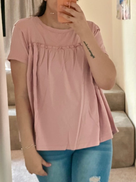 Light Pink Ruffled Trim Loose Babydoll Tee