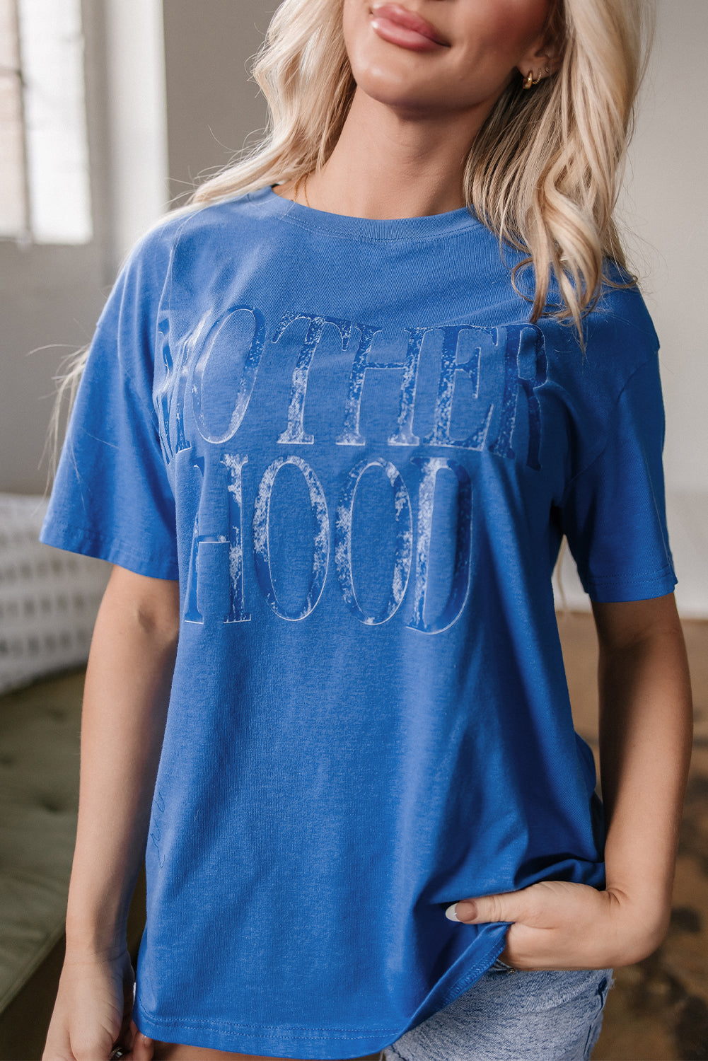 Sky Blue Vintage MOTHERHOOD Letter Graphic T Shirt