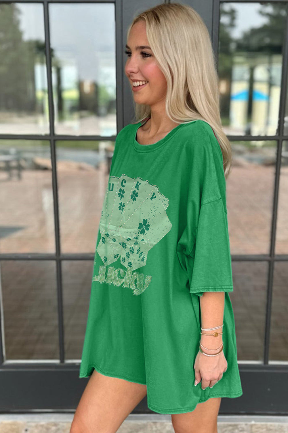 Bright Green Rhinestone Lucky Poker Cards Oversized T Shirt Mini Dress