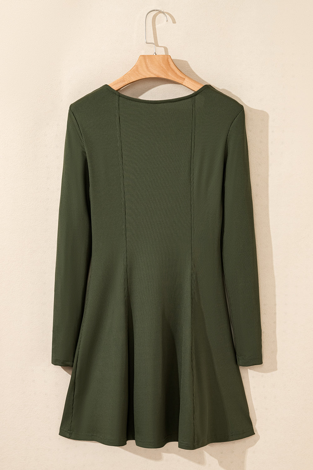 Guacamole Green Rib Knit Square Neck Buttoned Long Sleeve Mini Dress