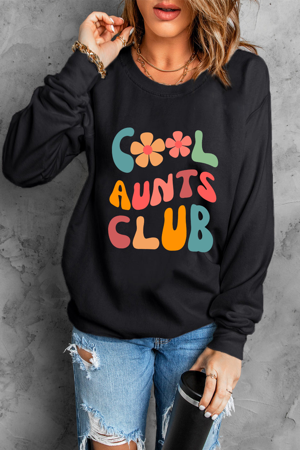 Black Floral COOL AUNTS CLUB Graphic Pullover Sweatshirt