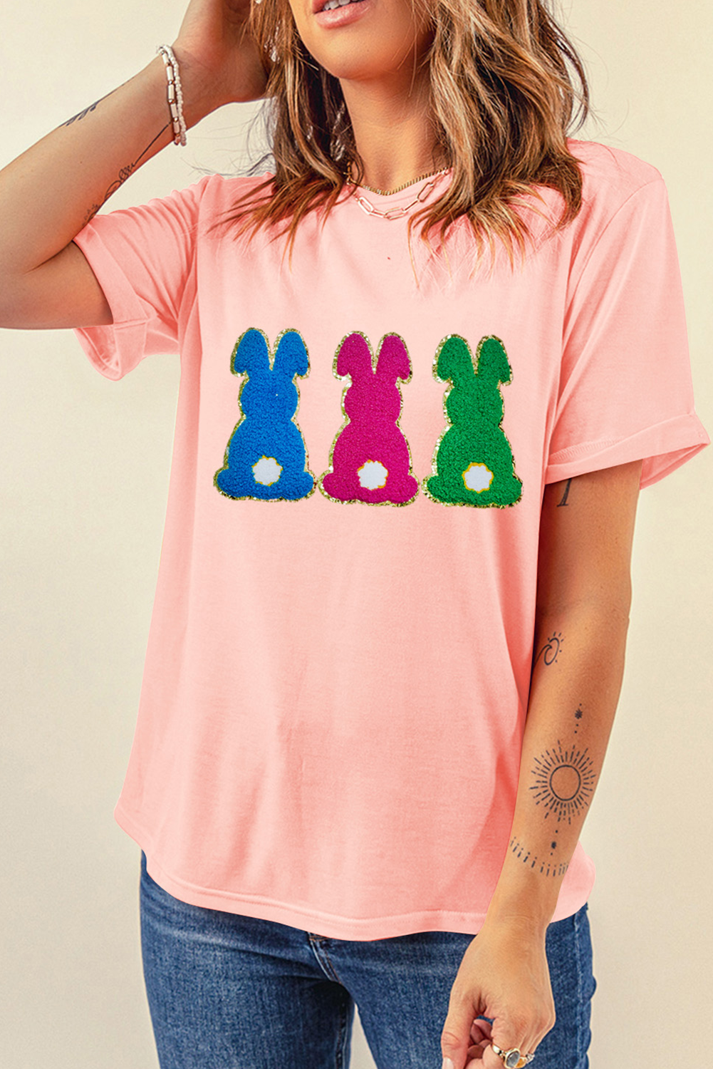 Pink Easter Bunny Chenille Patched Graphic Tee