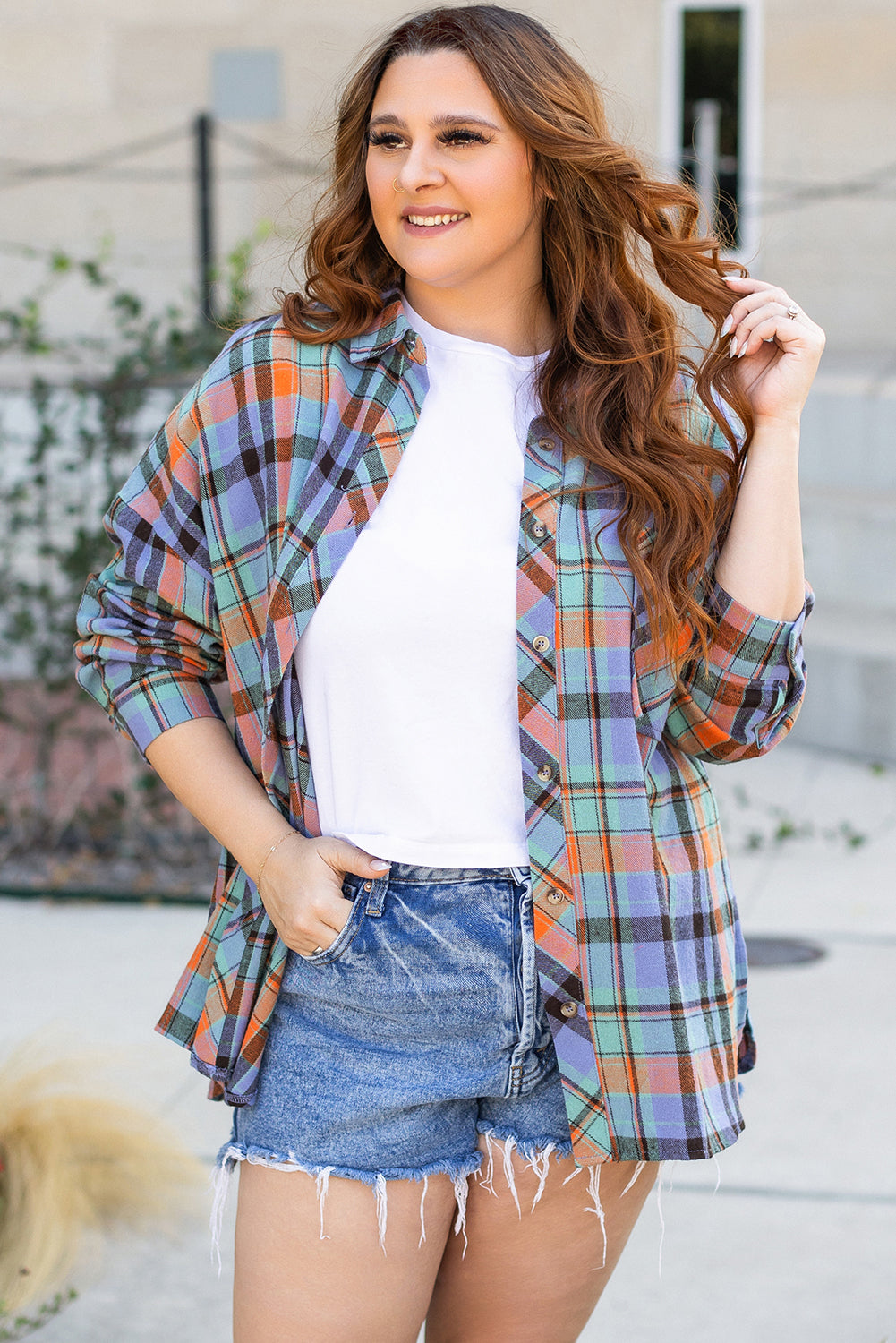 Orange Plus Size Plaid Print Buttoned Shirt