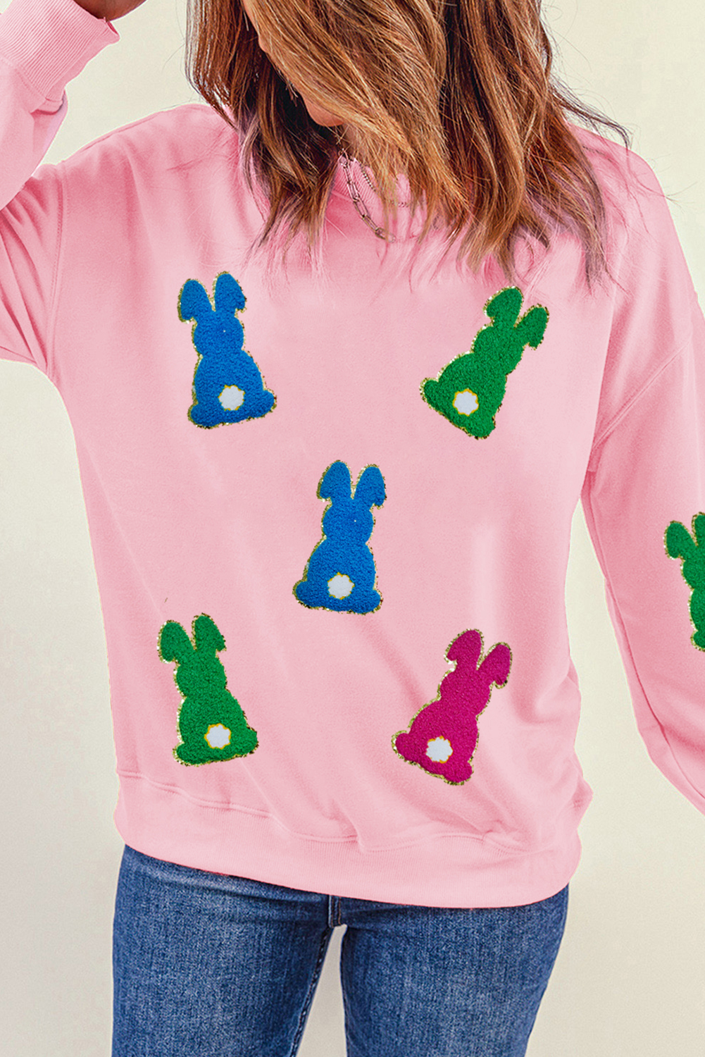 Pink Easter Bunny Chenille Patched Graphic Drop Shoulder Sweatshirt