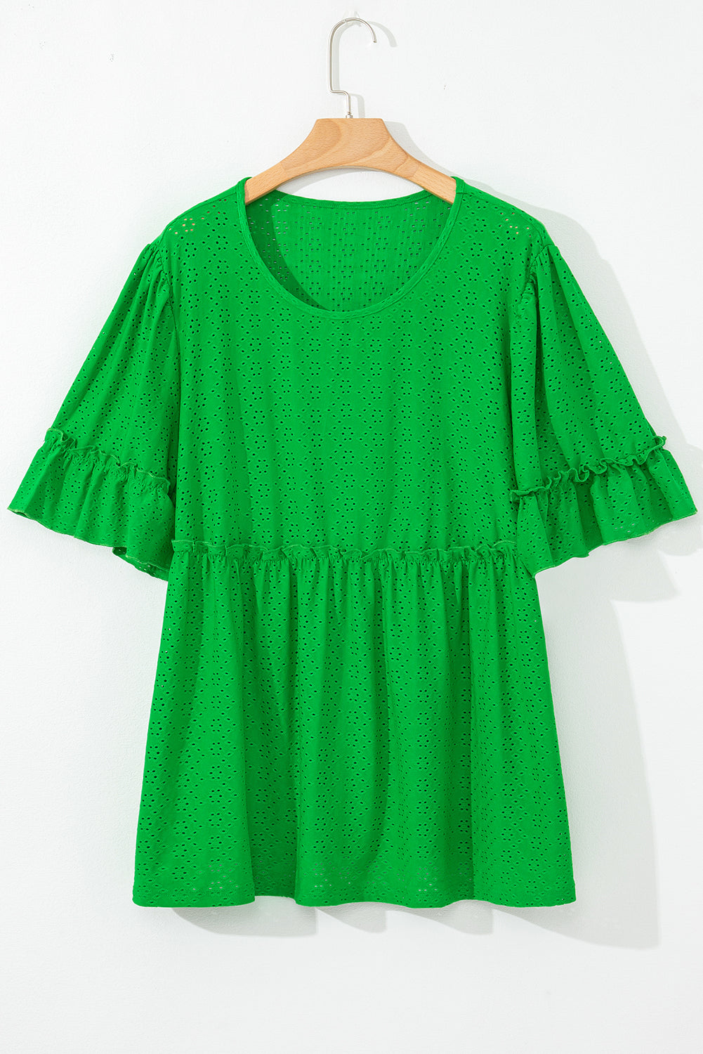 Green Textured Frilled Short Sleeve Plus Size Babydoll Blouse