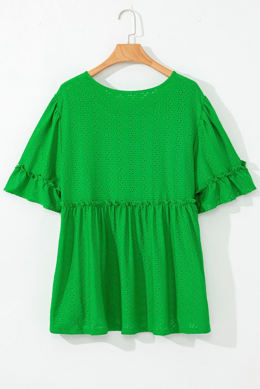 Green Textured Frilled Short Sleeve Plus Size Babydoll Blouse