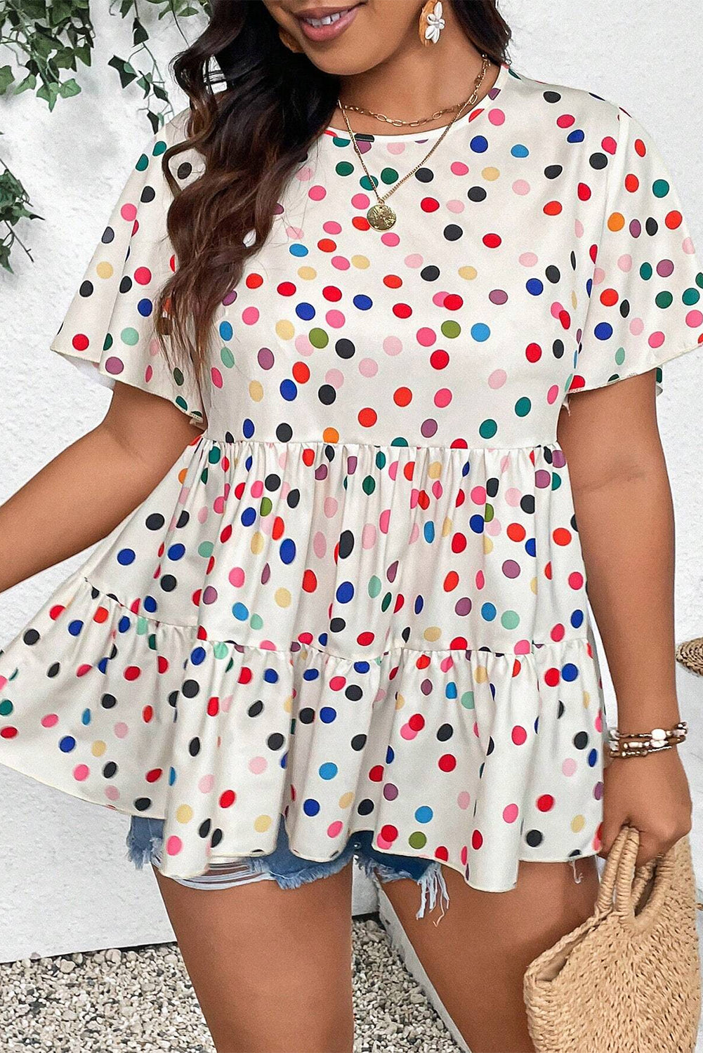 Beige Colorful Polka Dot Print Short Sleeve Ruffled Plus Size Babydoll Blouse