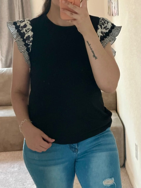 Black Ricrac Trim Printed Flutter Sleeve Contrast Patchwork Blouse
