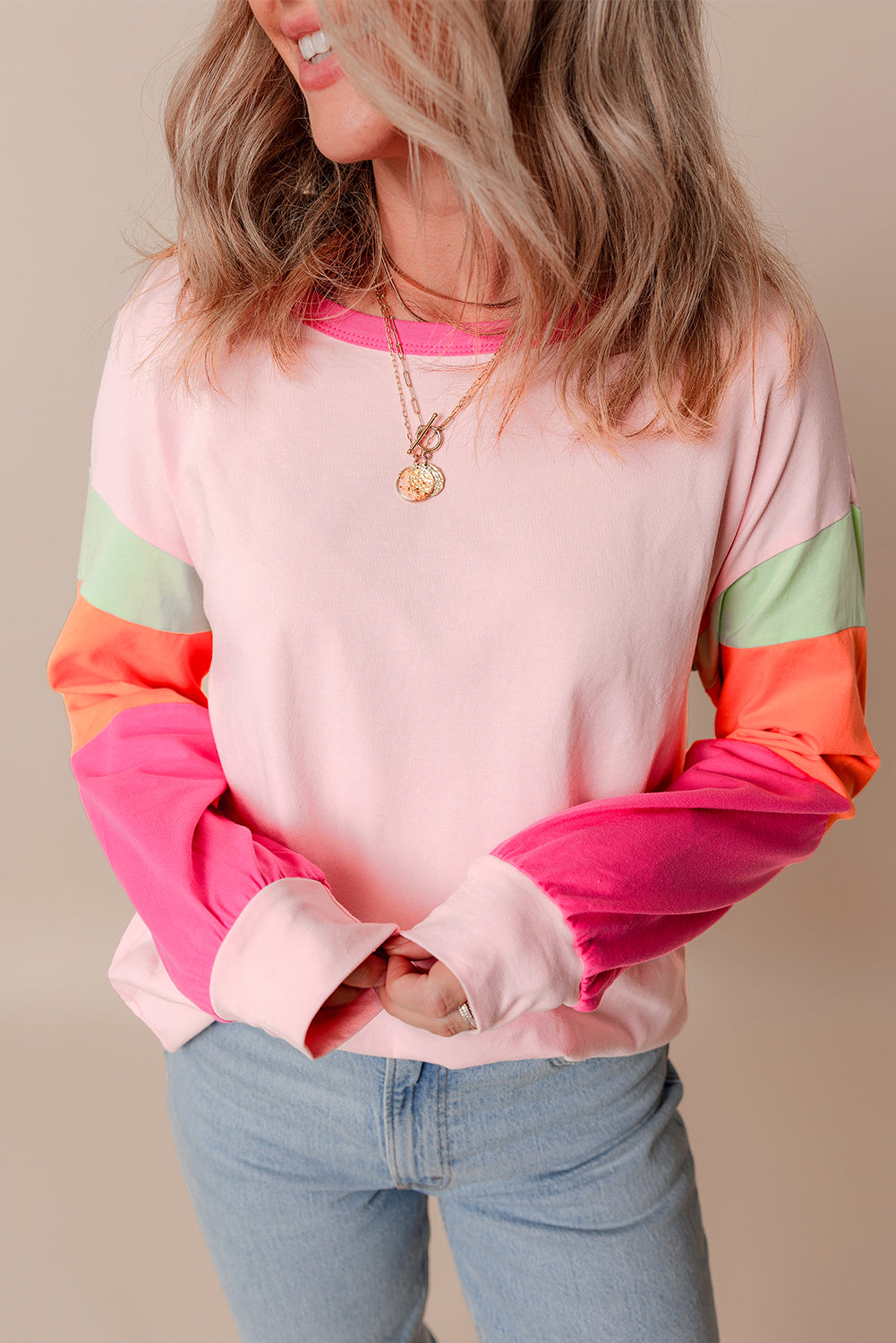 Rose Red Colorblock Patchwork Long Sleeve Loose Top