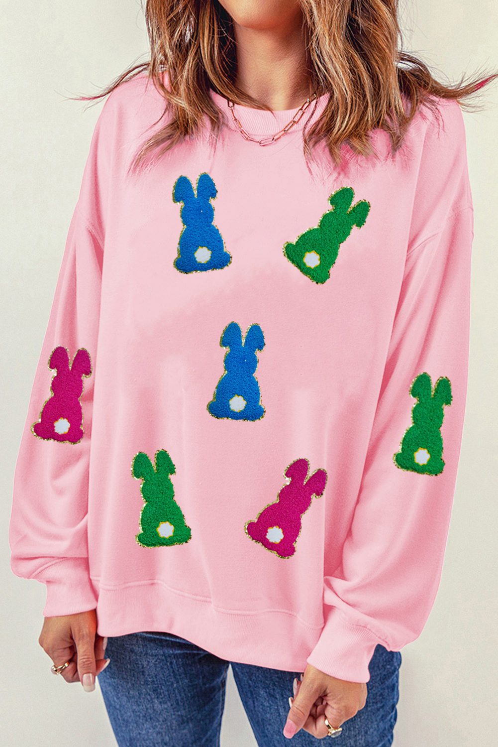 Pink Easter Bunny Chenille Patched Graphic Drop Shoulder Sweatshirt