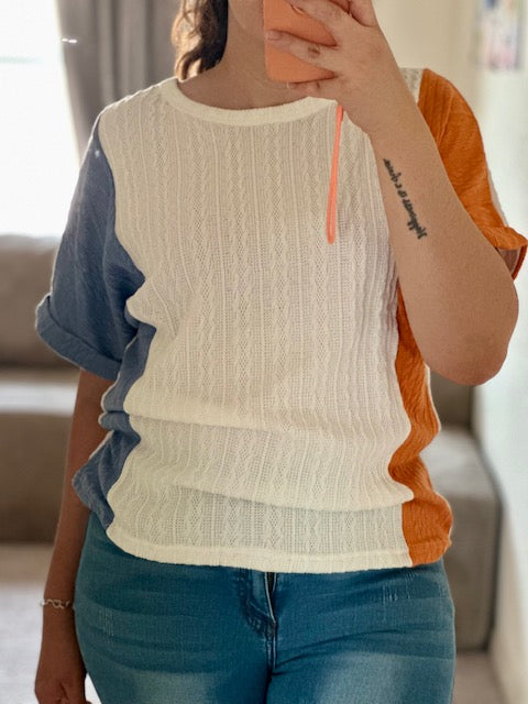 Light Blue Textured Color Block Loose Fit T Shirt