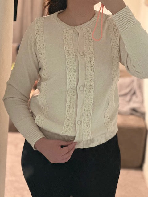 Apricot Lace Trim Ribbed Round Neck Button Up Cardigan