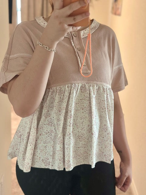 Pink Waffle Floral Patchwork Exposed Seam Detail Short Sleeve Top