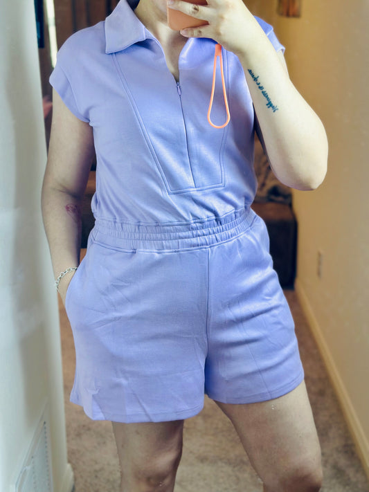 Orchid Bouquet Short Sleeve Zipper Collared Elastic High Waist Romper